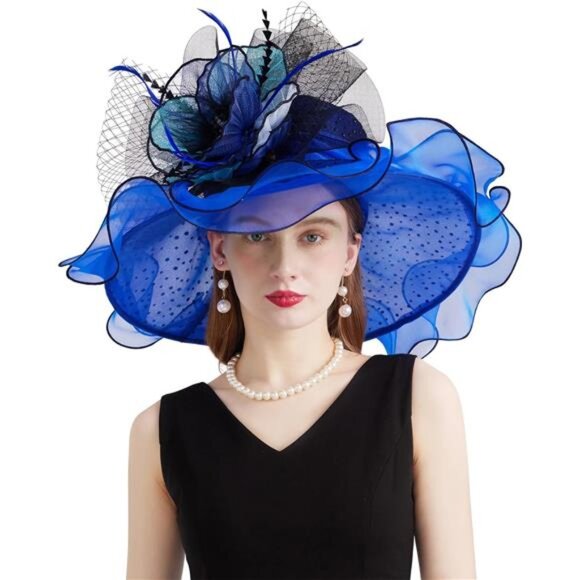 Women Organza Church Tea Party Hats Floral Blue